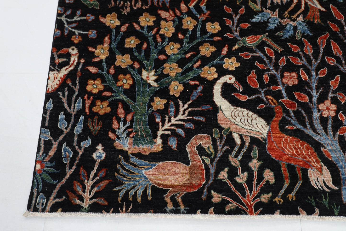 176 x 248 cm | Birds Black Area Rug Afghan Hand Knotted veg Dye Wool carpet - ART WOOL CARPET