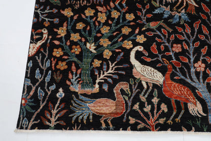 176 x 248 cm | Birds Black Area Rug Afghan Hand Knotted veg Dye Wool carpet - ART WOOL CARPET