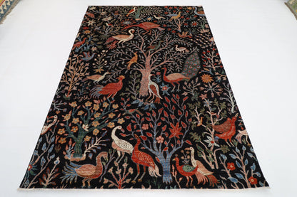 176 x 248 cm | Birds Black Area Rug Afghan Hand Knotted veg Dye Wool carpet - ART WOOL CARPET