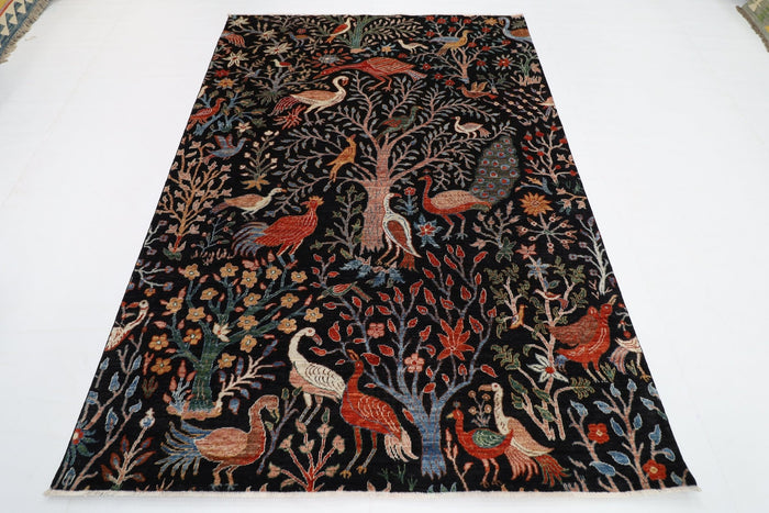 176 x 248 cm | Birds Black Area Rug Afghan Hand Knotted veg Dye Wool carpet