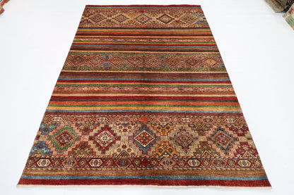 180 x 244 cm | Tribal Red Area Rug Afghan Hand Knotted veg Dye Wool carpet - ART WOOL CARPET