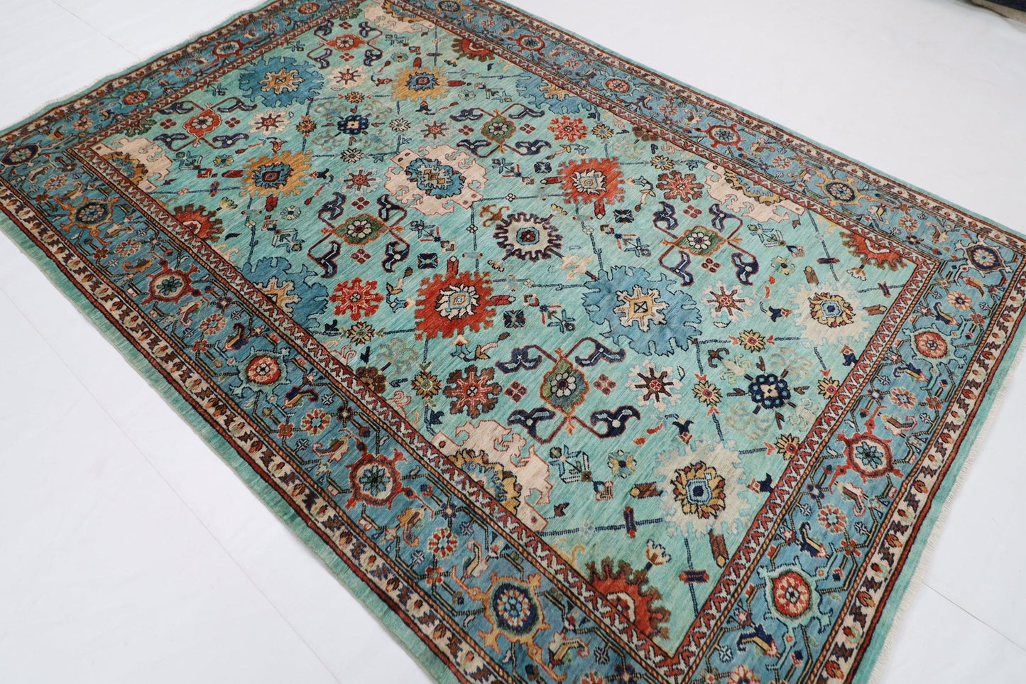 182 x 266 cm | Beige Area Rug Afghan Hand Knotted veg Dye Wool carpet - ART WOOL CARPET