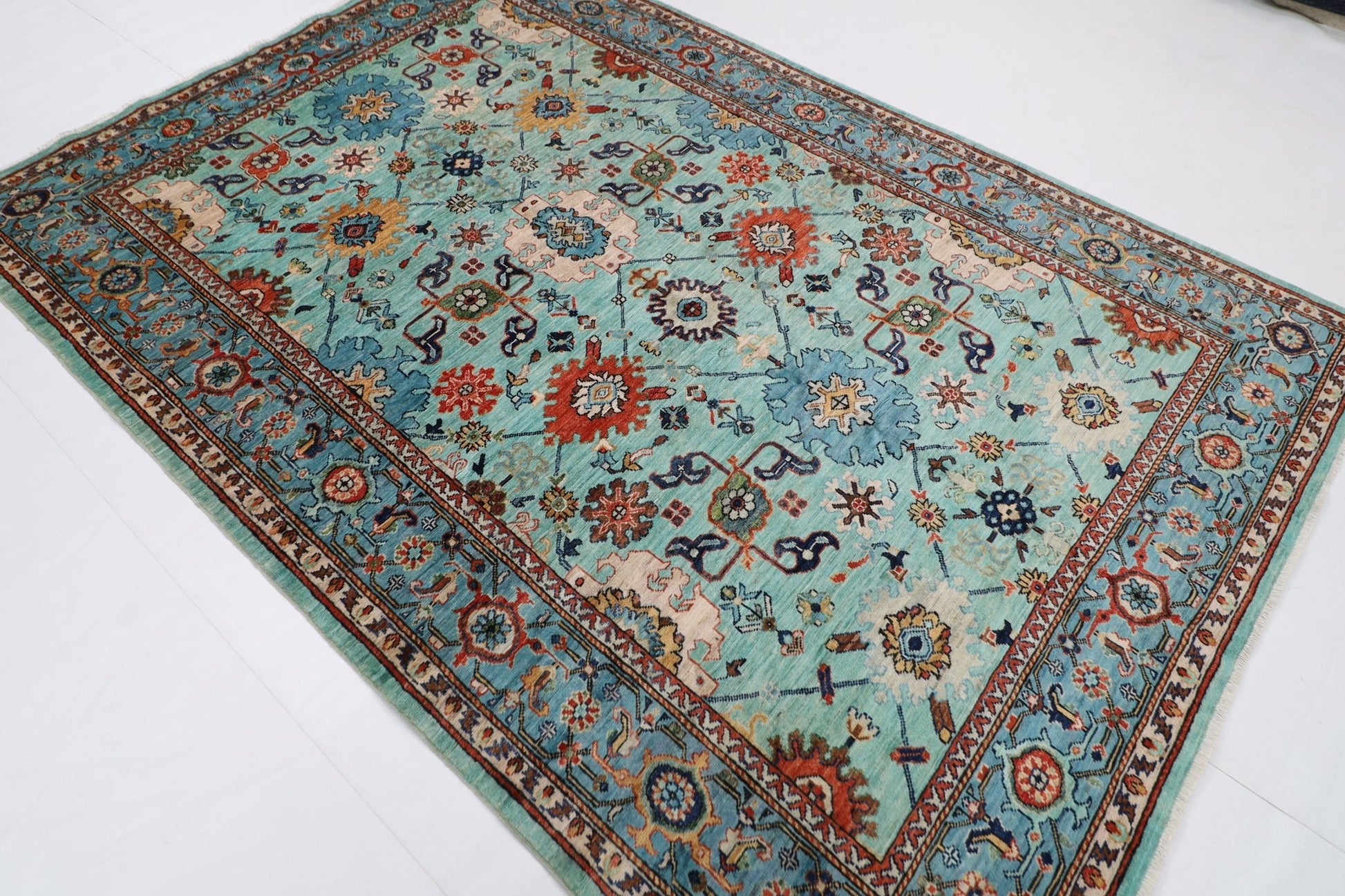 182 x 266 cm | Beige Area Rug Afghan Hand Knotted veg Dye Wool carpet - ART WOOL CARPET