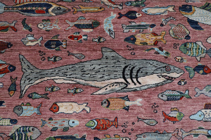 197 x 299 cm | Fish Pink Area Rug Afghan Hand Knotted veg Dye Wool carpet - ART WOOL CARPET