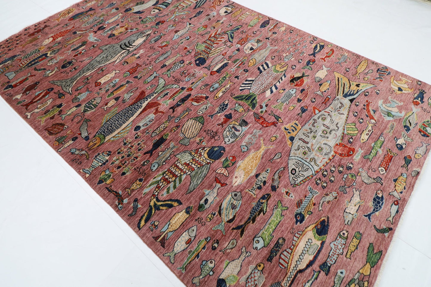 197 x 299 cm | Fish Pink Area Rug Afghan Hand Knotted veg Dye Wool carpet - ART WOOL CARPET