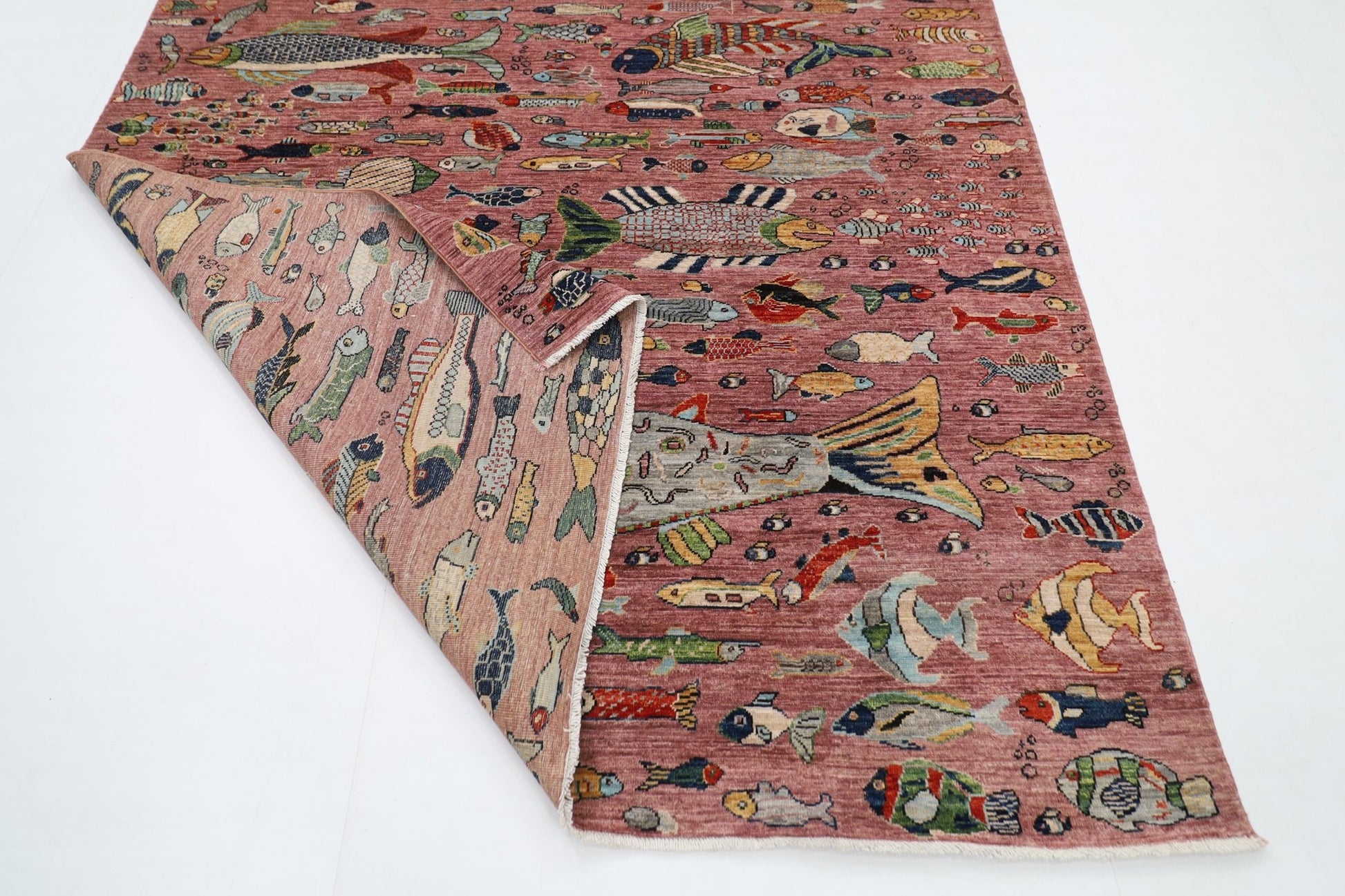 197 x 299 cm | Fish Pink Area Rug Afghan Hand Knotted veg Dye Wool carpet - ART WOOL CARPET