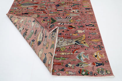 197 x 299 cm | Fish Pink Area Rug Afghan Hand Knotted veg Dye Wool carpet - ART WOOL CARPET