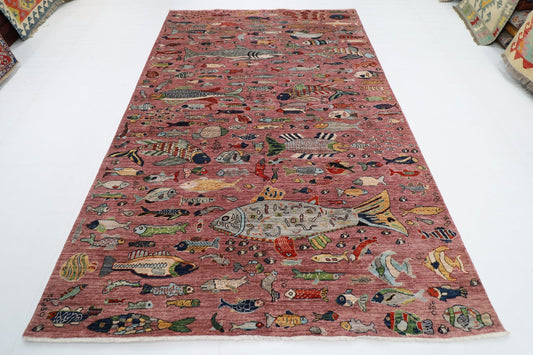 197 x 299 cm | Fish Pink Area Rug Afghan Hand Knotted veg Dye Wool carpet - ART WOOL CARPET