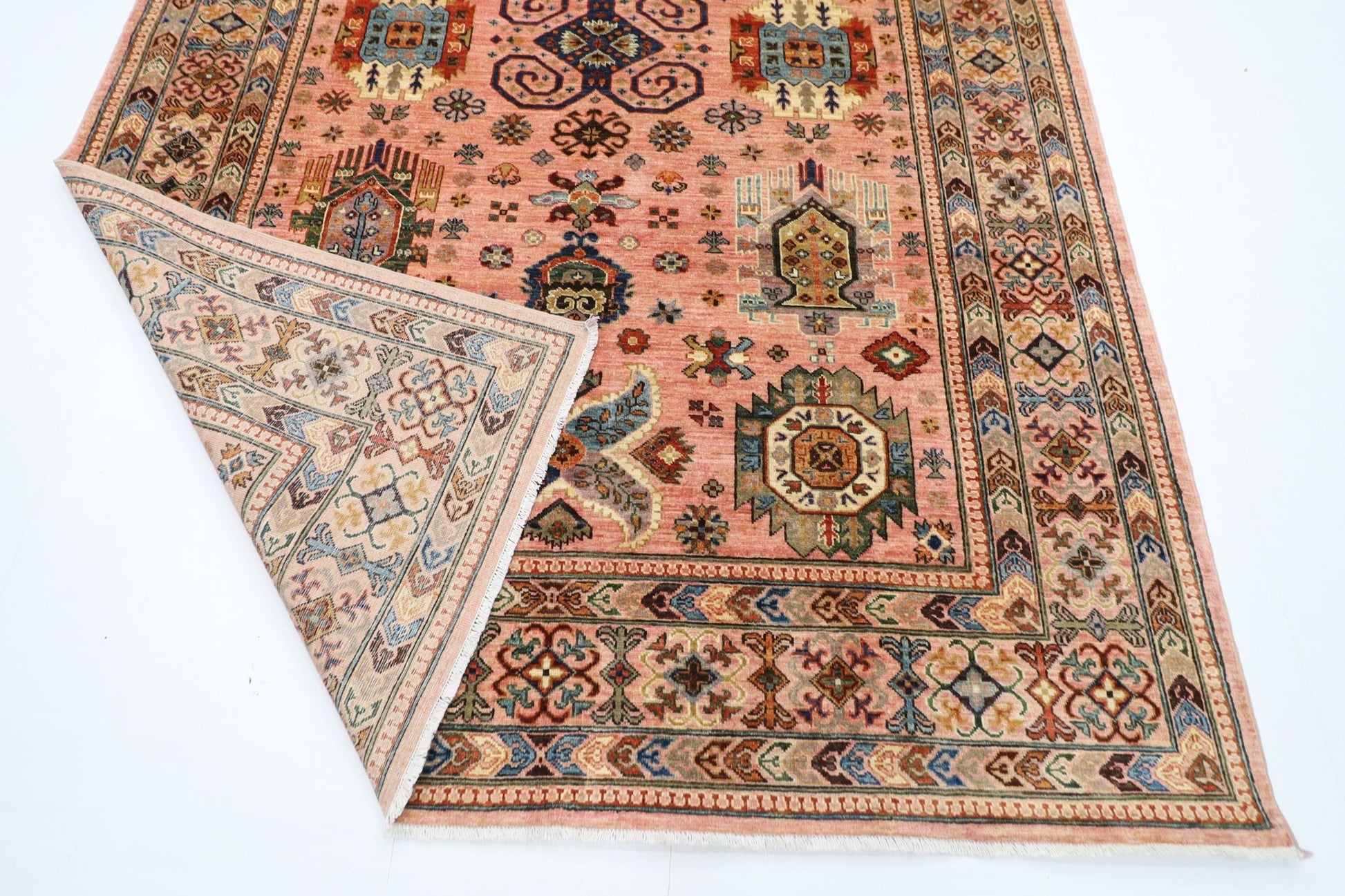 199 x 295 cm | Oriental Waziri Pink Area Rug Afghan Hand Knotted Veg Dye Wool carpet - ART WOOL CARPET