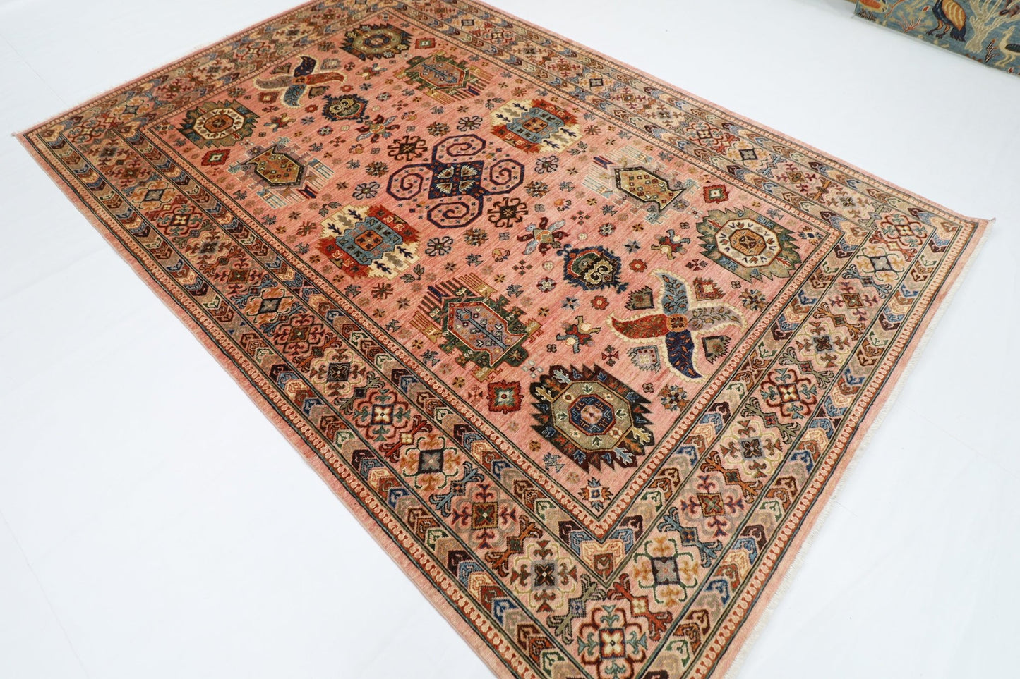 199 x 295 cm | Oriental Waziri Pink Area Rug Afghan Hand Knotted Veg Dye Wool carpet - ART WOOL CARPET