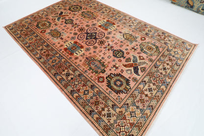 199 x 295 cm | Oriental Waziri Pink Area Rug Afghan Hand Knotted Veg Dye Wool carpet - ART WOOL CARPET