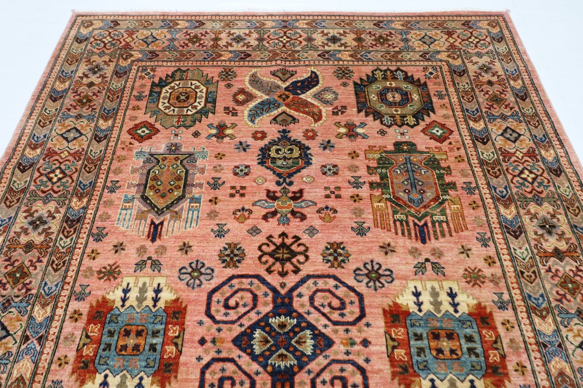 199 x 295 cm | Oriental Waziri Pink Area Rug Afghan Hand Knotted Veg Dye Wool carpet - ART WOOL CARPET