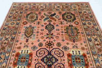 199 x 295 cm | Oriental Waziri Pink Area Rug Afghan Hand Knotted Veg Dye Wool carpet - ART WOOL CARPET
