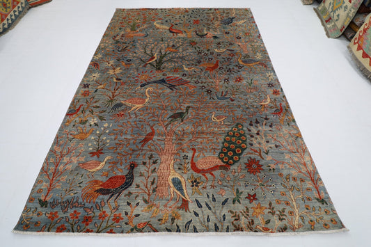 200 x 293 cm | Tribal Birds Gray Area Rug Afghan Hand Knotted veg Dye Wool carpet - ART WOOL CARPET