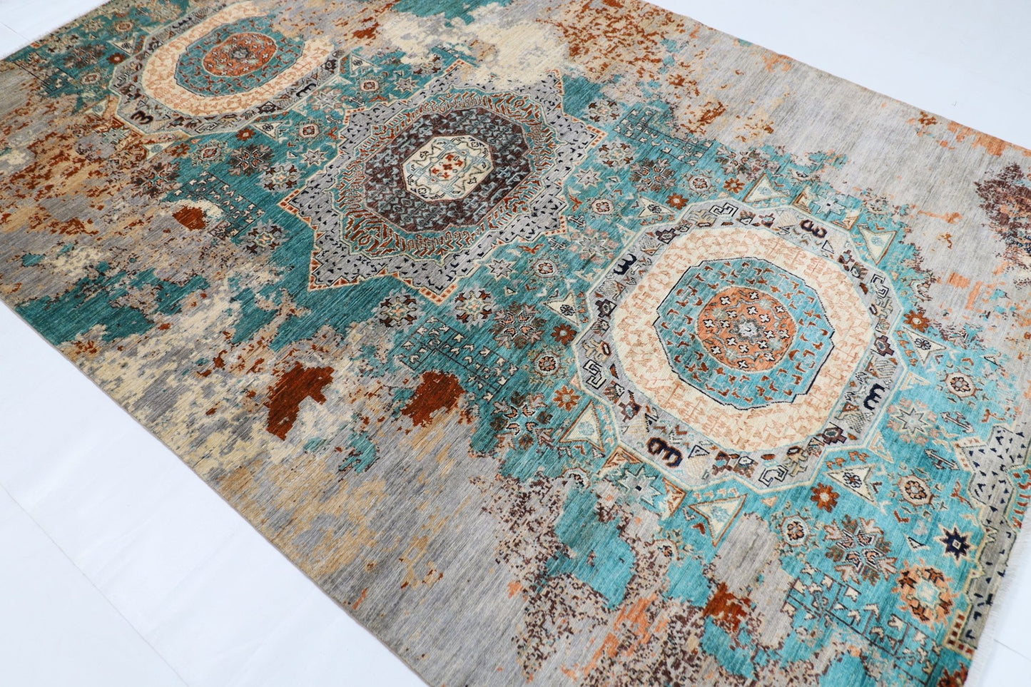 201 x 300 cm | Mamluk Abstract Area Rug Afghan Hand Knotted veg Dye Wool carpet - ART WOOL CARPET