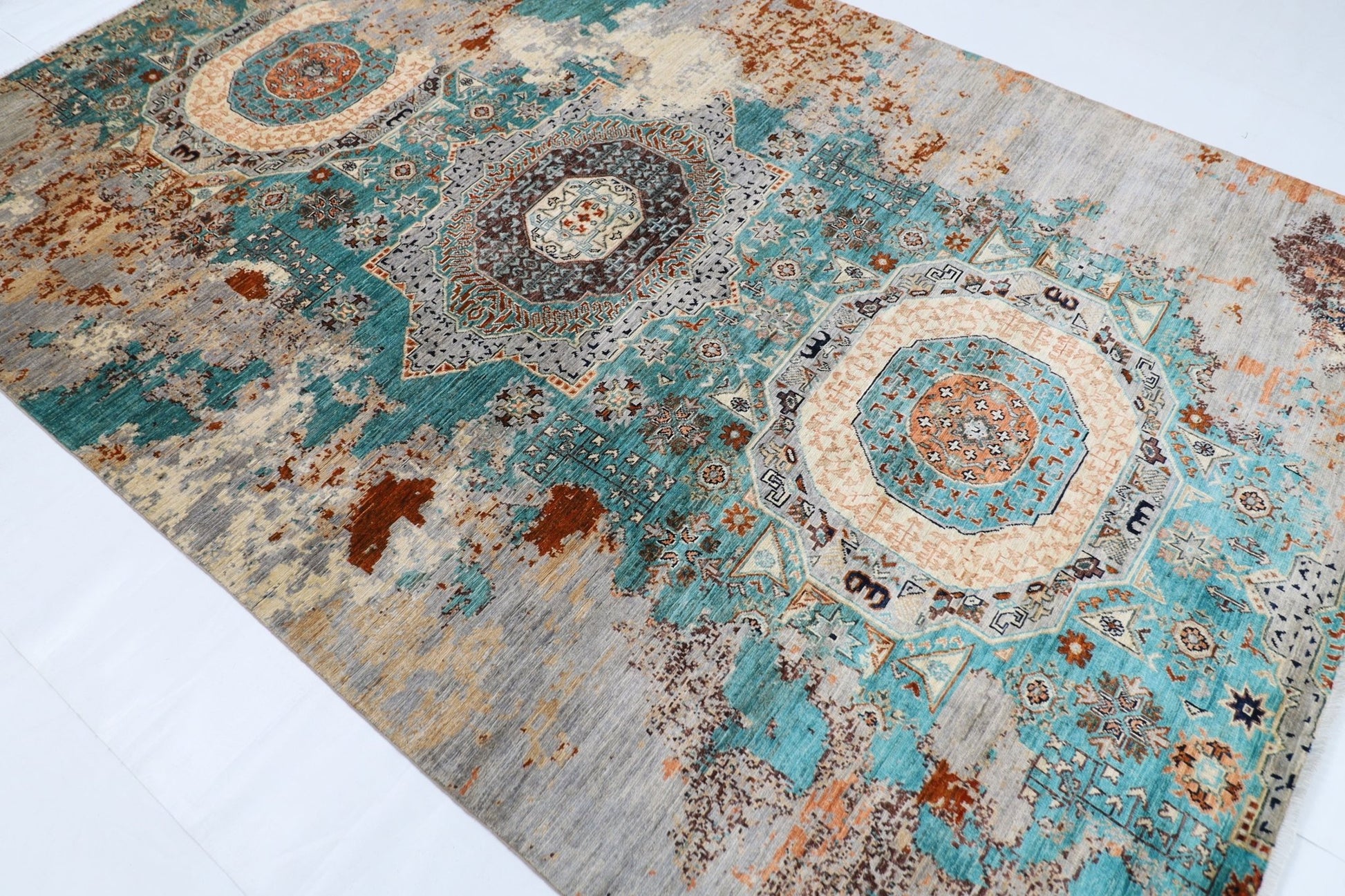 201 x 300 cm | Mamluk Abstract Area Rug Afghan Hand Knotted veg Dye Wool carpet - ART WOOL CARPET