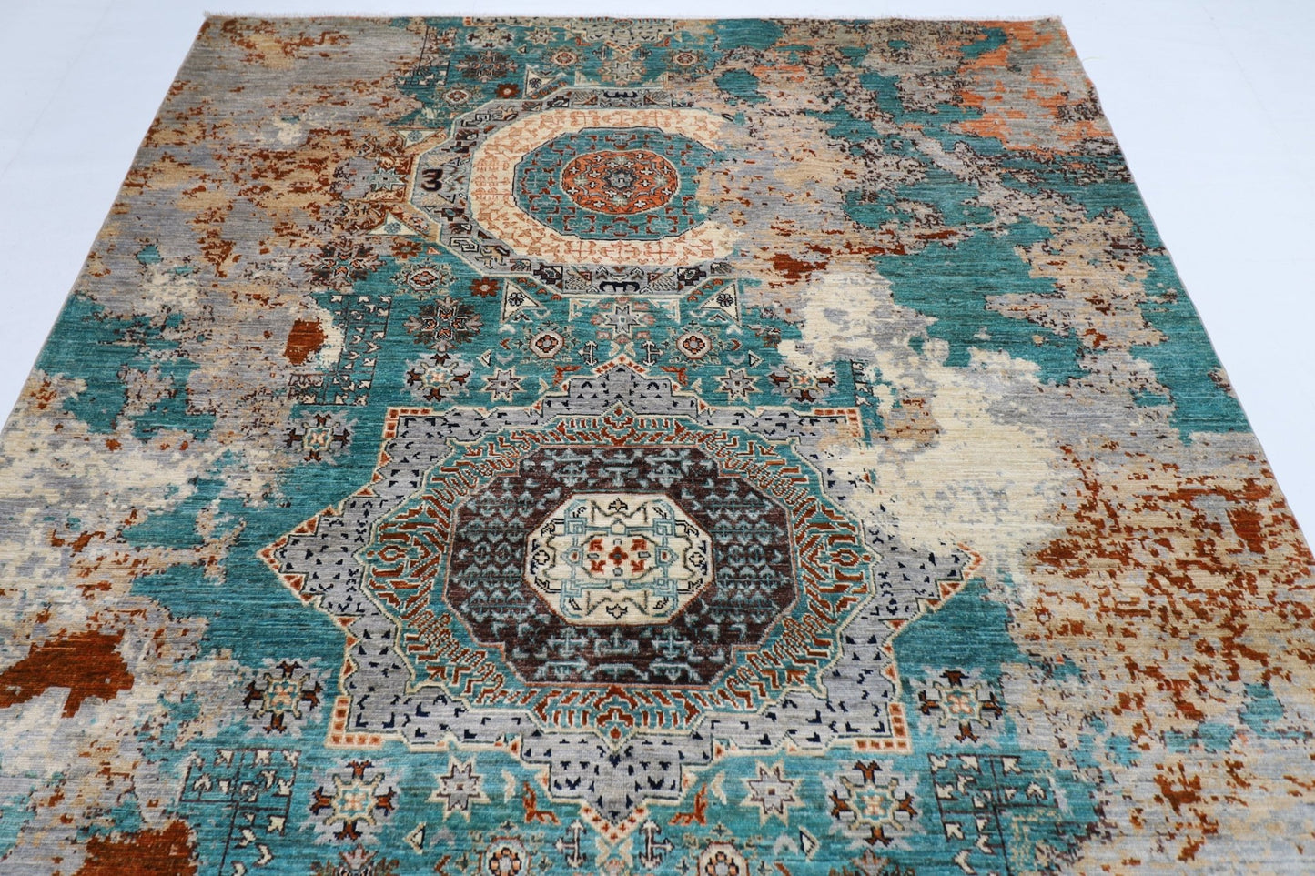 201 x 300 cm | Mamluk Abstract Area Rug Afghan Hand Knotted veg Dye Wool carpet - ART WOOL CARPET
