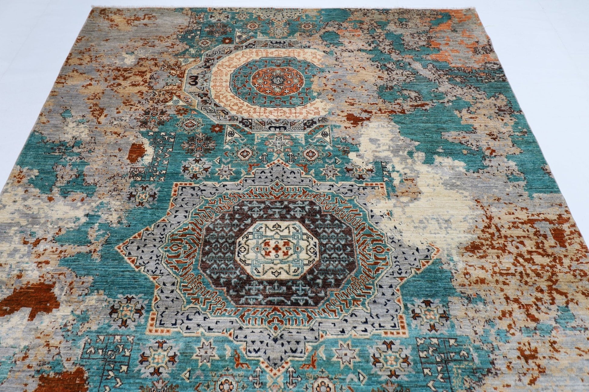 201 x 300 cm | Mamluk Abstract Area Rug Afghan Hand Knotted veg Dye Wool carpet - ART WOOL CARPET