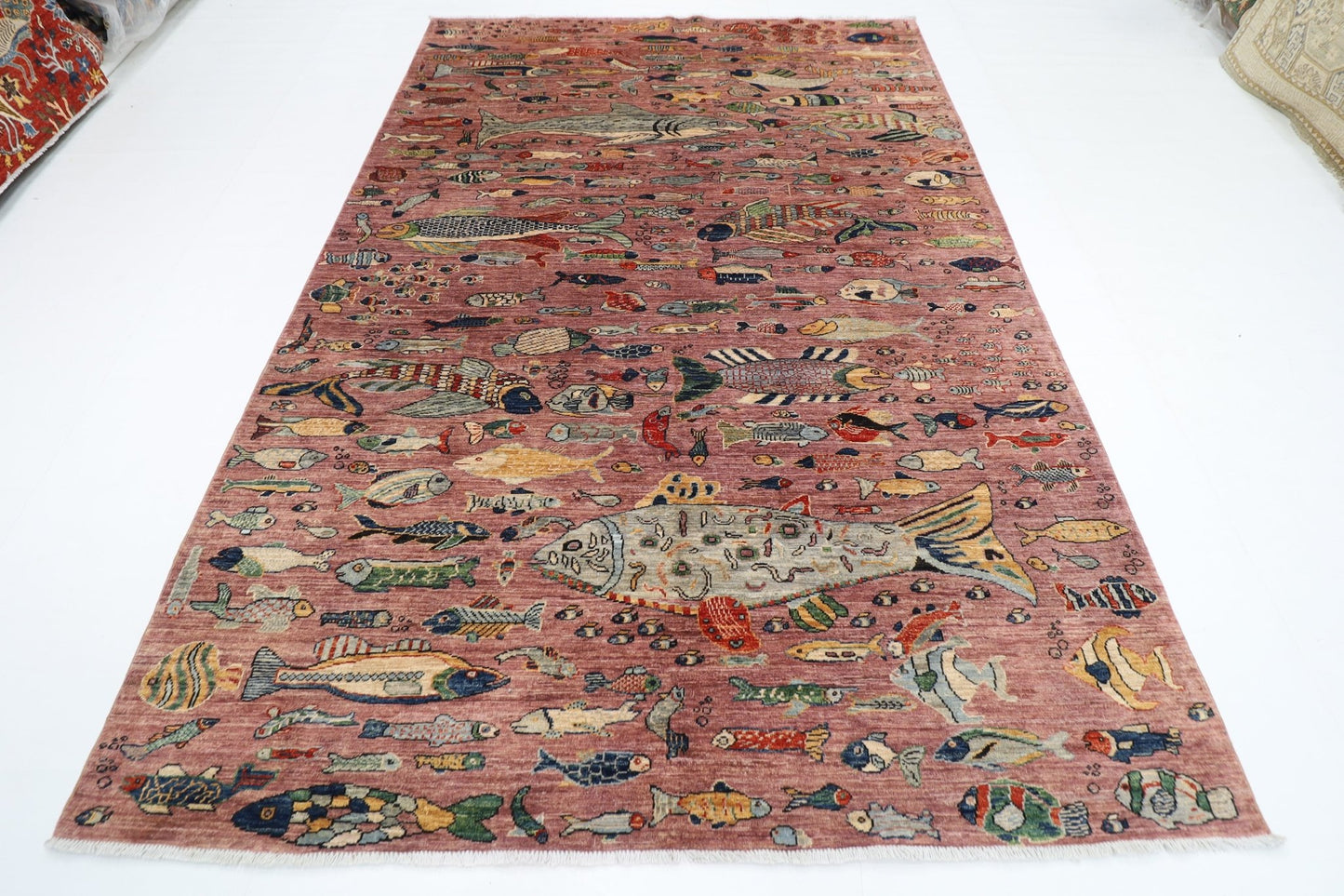 202 x 293 cm | Oriental Fish Pink Area Rug Afghan Hand Knotted Veg Dye Wool carpet - ART WOOL CARPET
