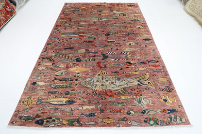 202 x 293 cm | Oriental Fish Pink Area Rug Afghan Hand Knotted Veg Dye Wool carpet - ART WOOL CARPET