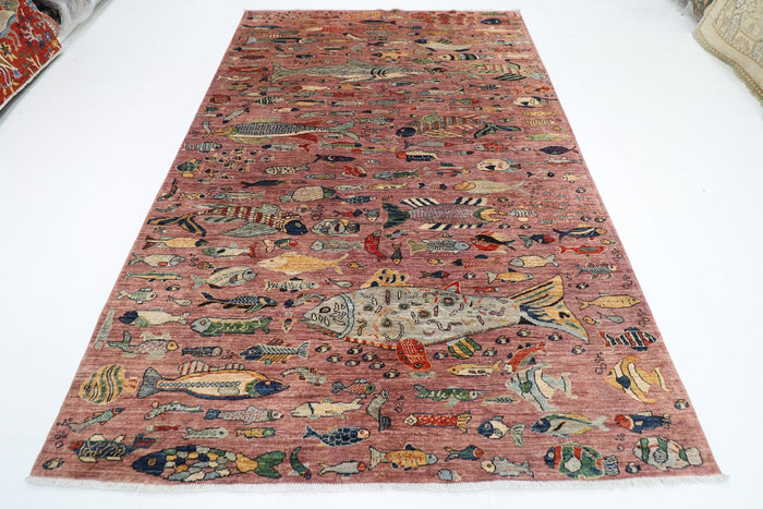 202 x 293 cm | Oriental Fish Pink Area Rug Afghan Hand Knotted Veg Dye Wool carpet