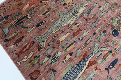 202 x 293 cm | Oriental Fish Pink Area Rug Afghan Hand Knotted Veg Dye Wool carpet - ART WOOL CARPET