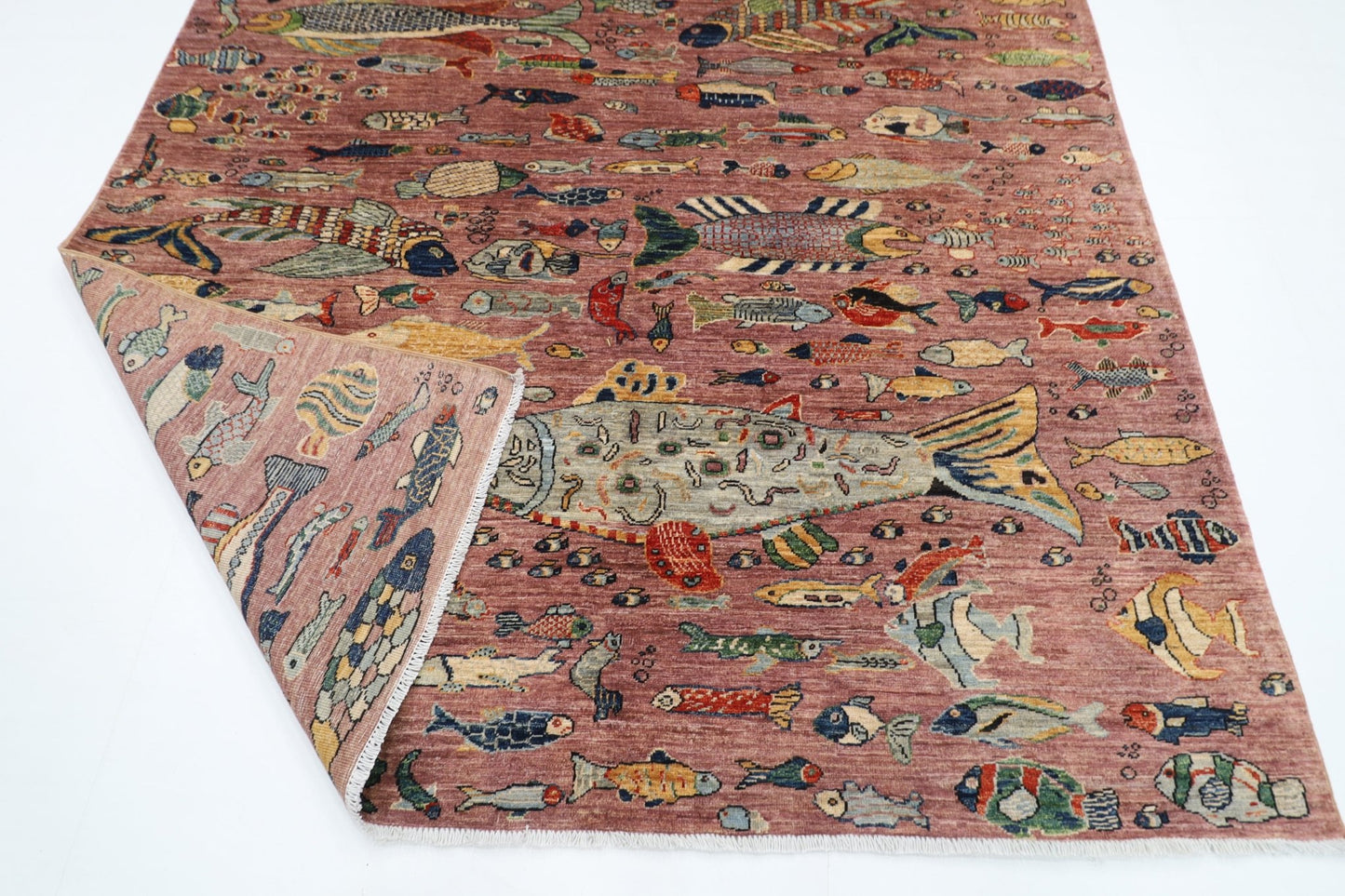 202 x 293 cm | Oriental Fish Pink Area Rug Afghan Hand Knotted Veg Dye Wool carpet - ART WOOL CARPET