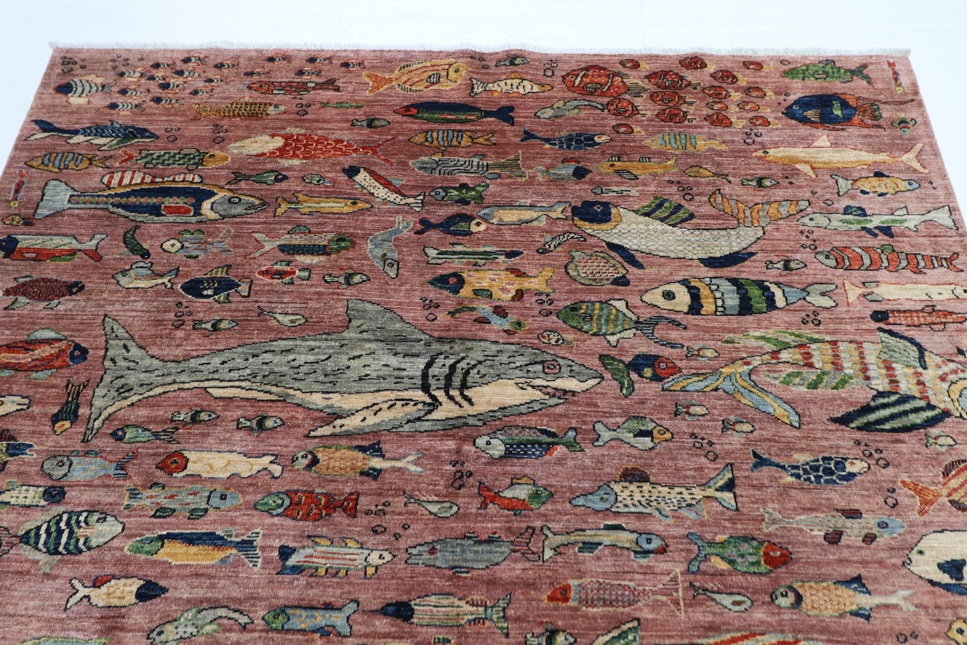 202 x 293 cm | Oriental Fish Pink Area Rug Afghan Hand Knotted Veg Dye Wool carpet - ART WOOL CARPET