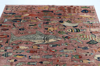 202 x 293 cm | Oriental Fish Pink Area Rug Afghan Hand Knotted Veg Dye Wool carpet - ART WOOL CARPET
