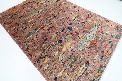 202 x 293 cm | Oriental Fish Pink Area Rug Afghan Hand Knotted Veg Dye Wool carpet - ART WOOL CARPET
