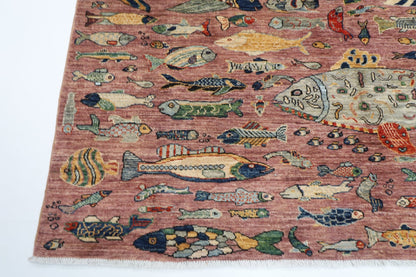 202 x 293 cm | Oriental Fish Pink Area Rug Afghan Hand Knotted Veg Dye Wool carpet - ART WOOL CARPET