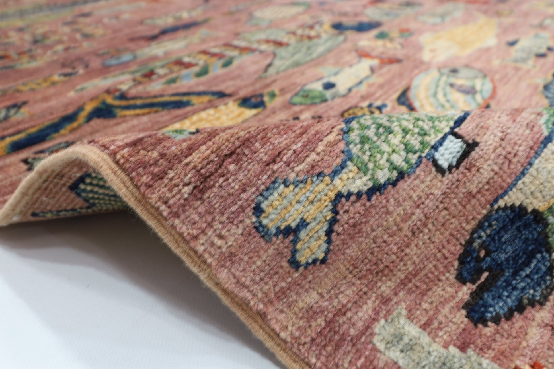 202 x 293 cm | Oriental Fish Pink Area Rug Afghan Hand Knotted Veg Dye Wool carpet - ART WOOL CARPET