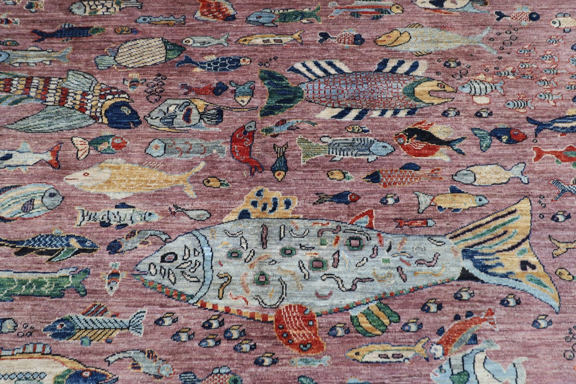 202 x 293 cm | Oriental Fish Pink Area Rug Afghan Hand Knotted Veg Dye Wool carpet - ART WOOL CARPET