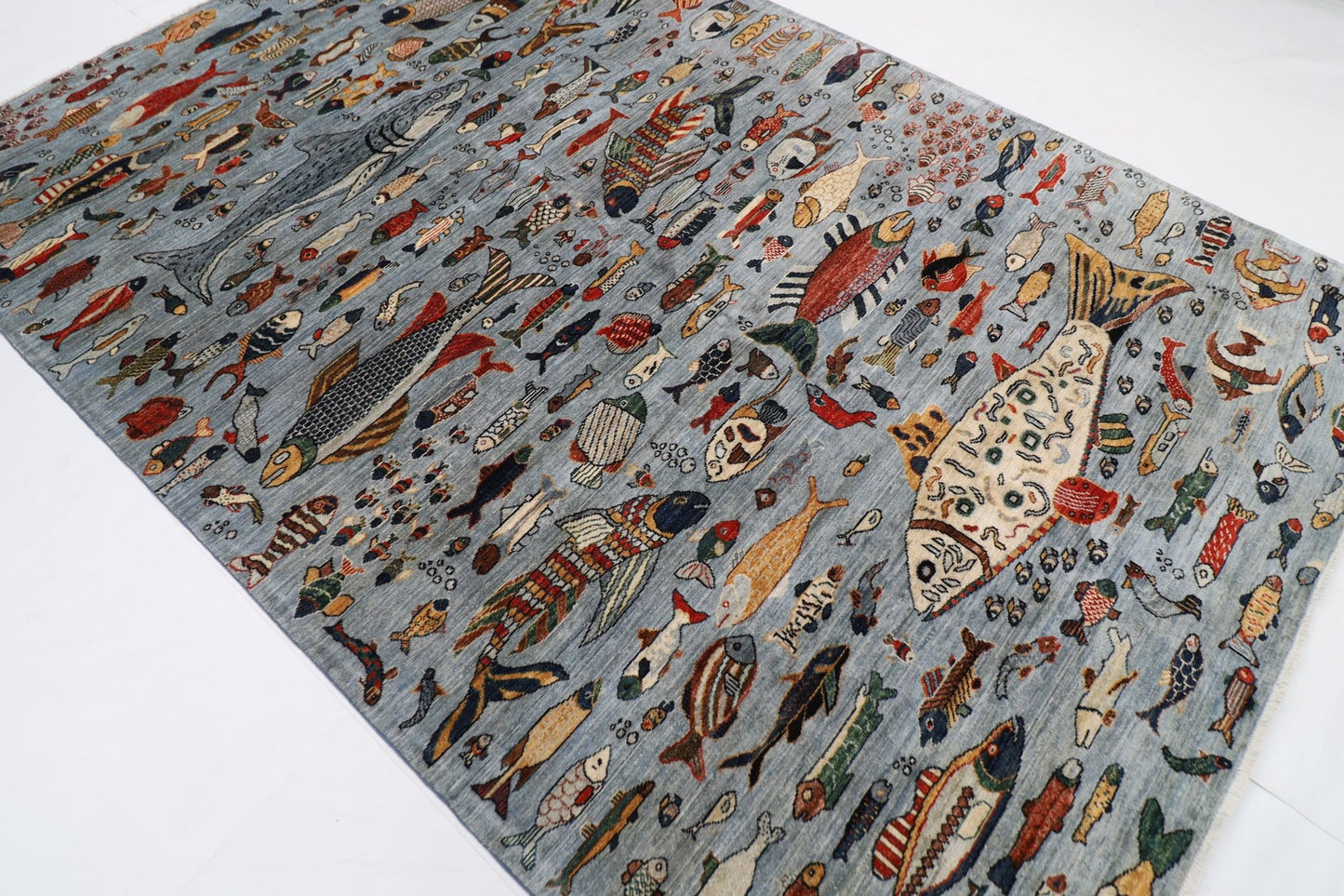 202 x 299 cm | Fish Gray Area Rug Afghan Hand Knotted veg Dye Wool carpet - ART WOOL CARPET