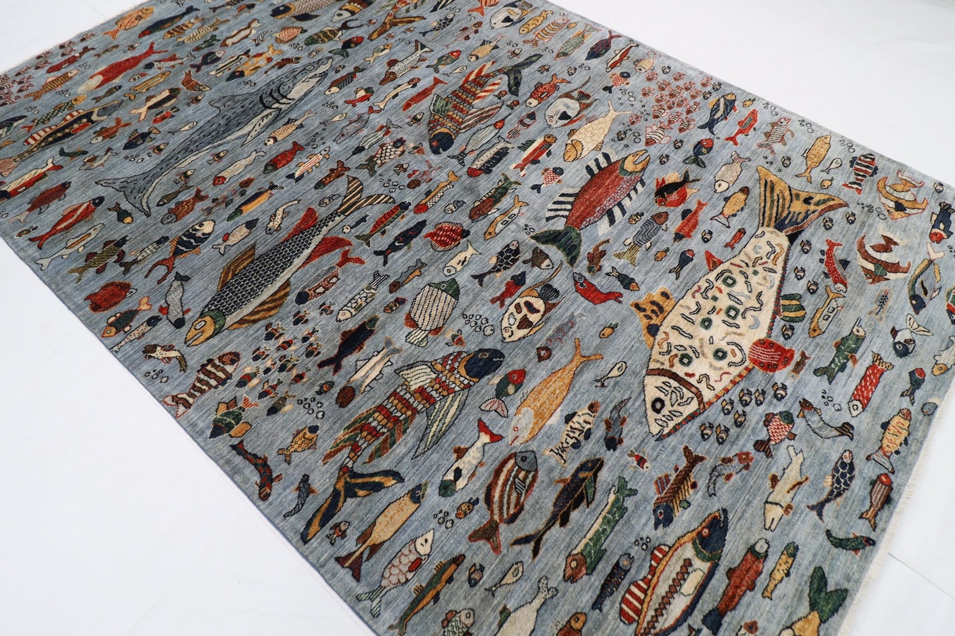 202 x 299 cm | Fish Gray Area Rug Afghan Hand Knotted veg Dye Wool carpet - ART WOOL CARPET