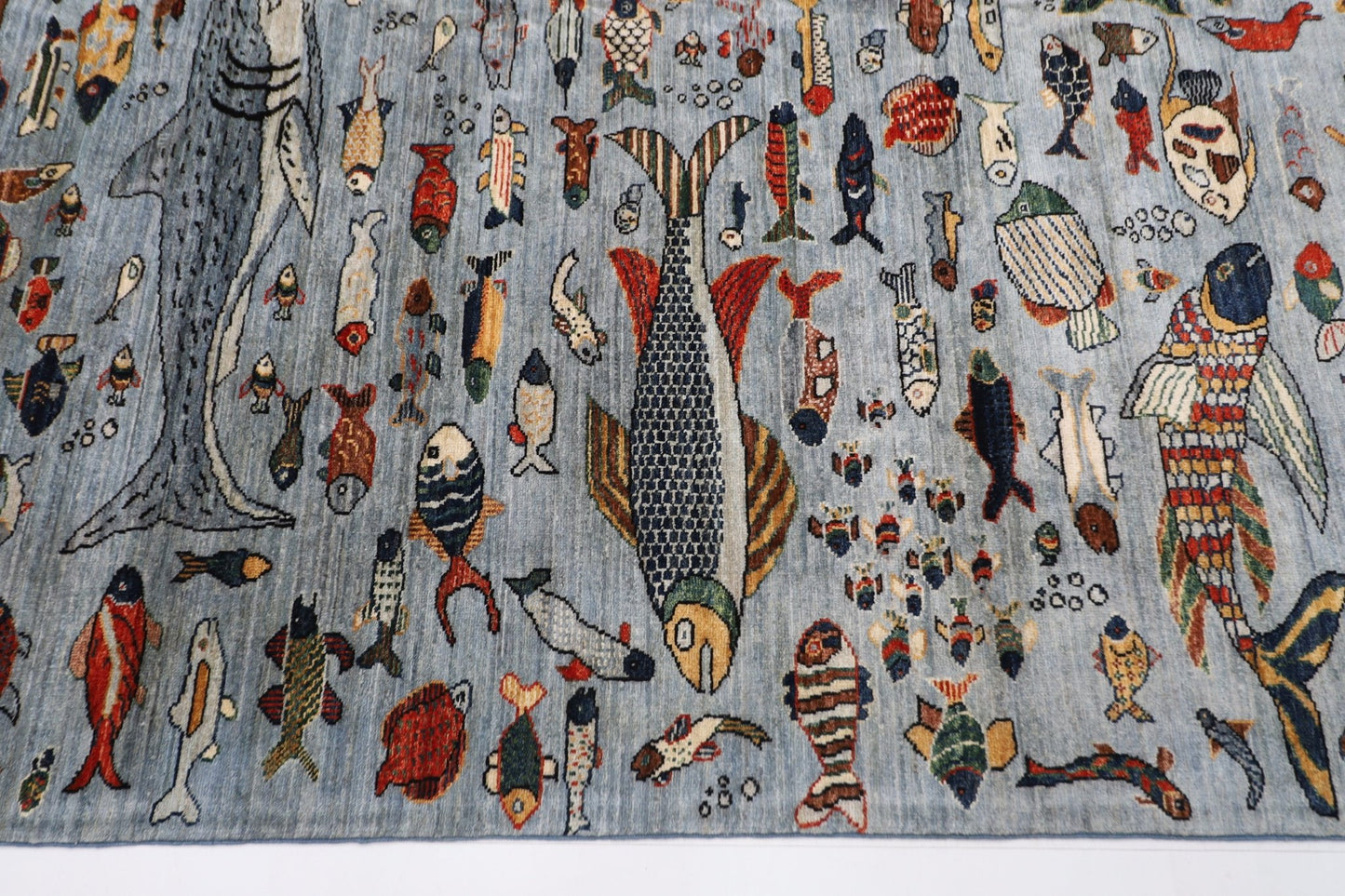 202 x 299 cm | Fish Gray Area Rug Afghan Hand Knotted veg Dye Wool carpet - ART WOOL CARPET