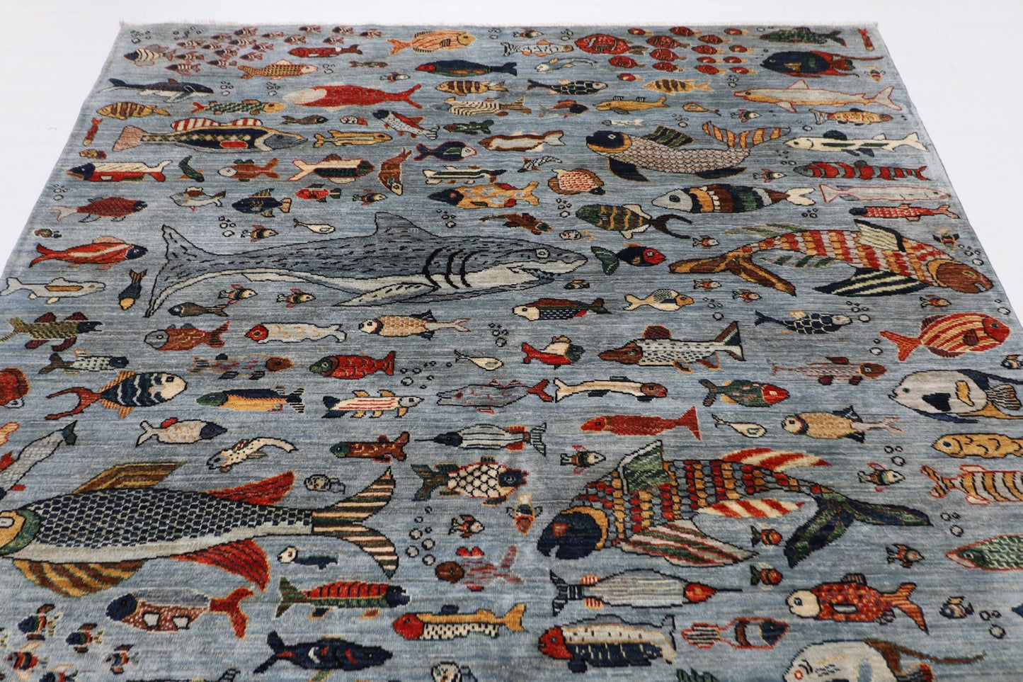202 x 299 cm | Fish Gray Area Rug Afghan Hand Knotted veg Dye Wool carpet - ART WOOL CARPET