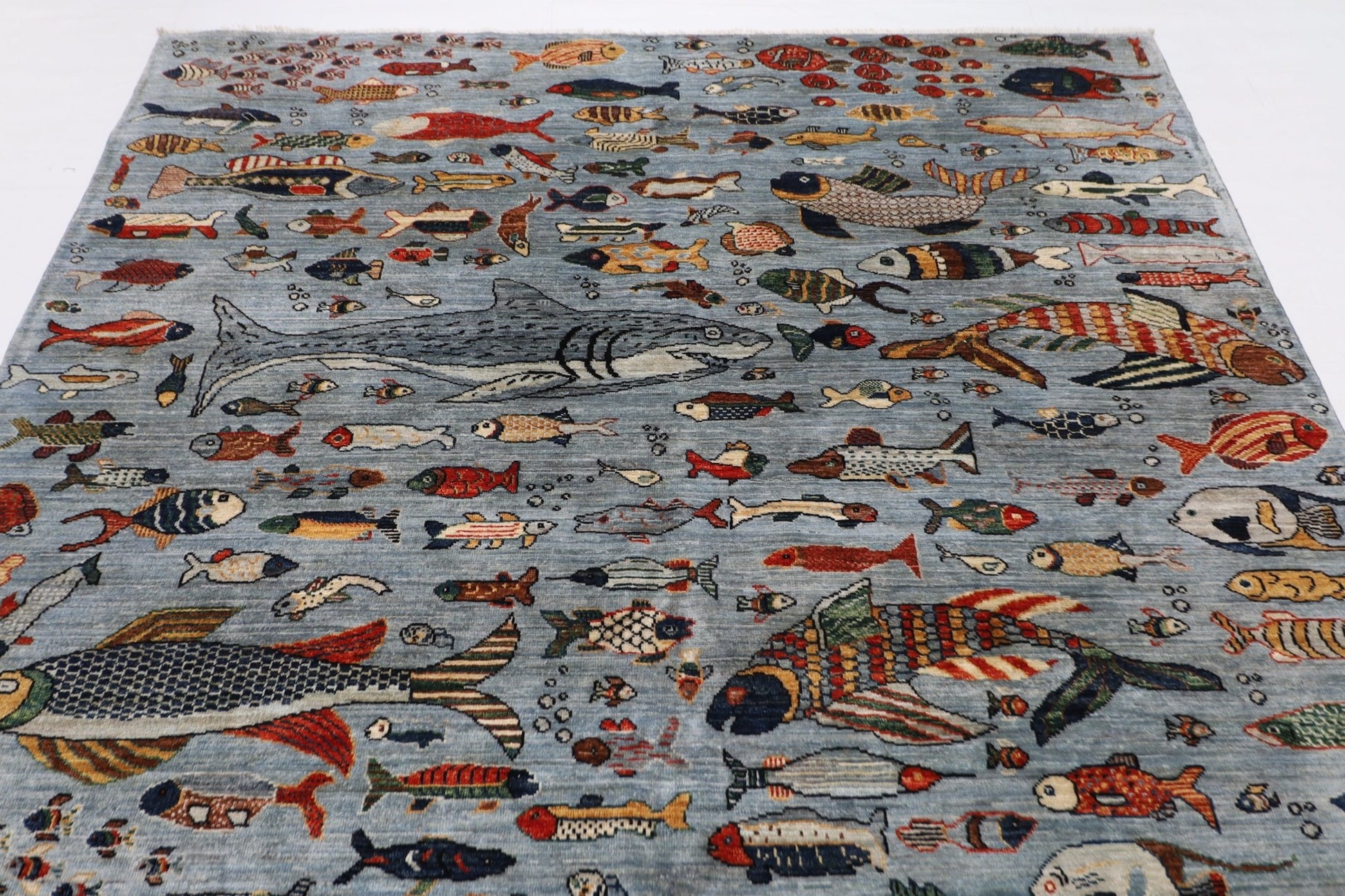 202 x 299 cm | Fish Gray Area Rug Afghan Hand Knotted veg Dye Wool carpet - ART WOOL CARPET