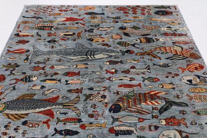 202 x 299 cm | Fish Gray Area Rug Afghan Hand Knotted veg Dye Wool carpet - ART WOOL CARPET