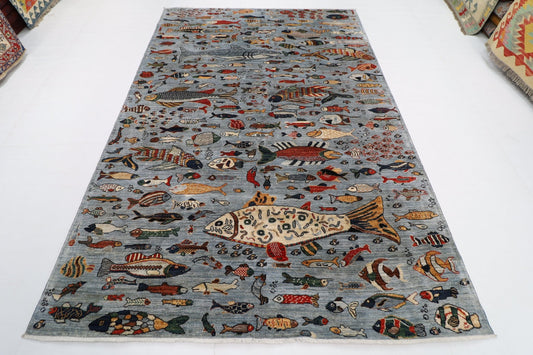 202 x 299 cm | Fish Gray Area Rug Afghan Hand Knotted veg Dye Wool carpet - ART WOOL CARPET