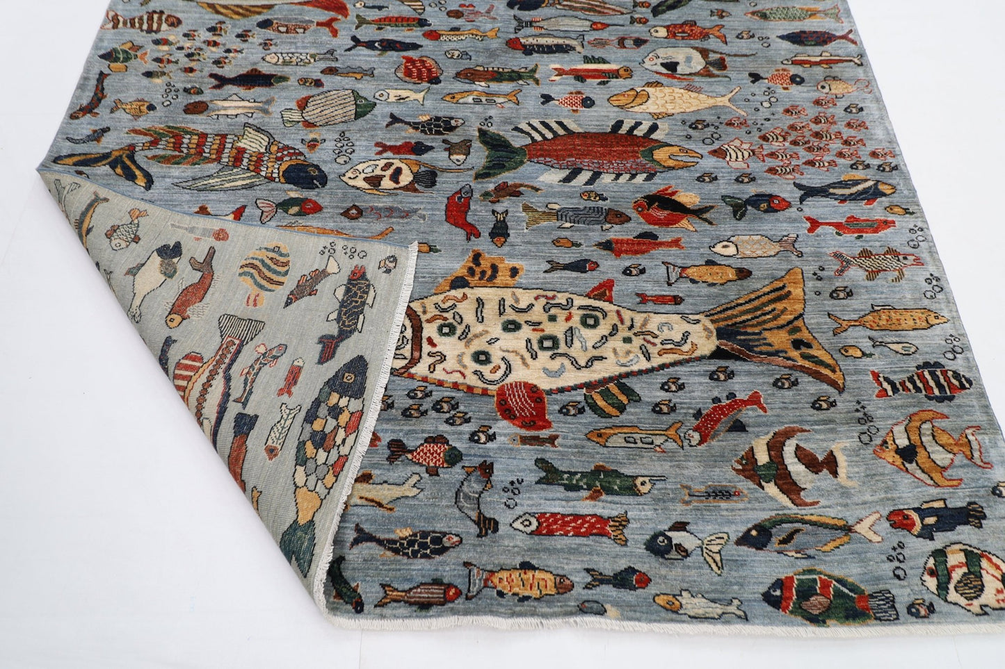 202 x 299 cm | Fish Gray Area Rug Afghan Hand Knotted veg Dye Wool carpet - ART WOOL CARPET