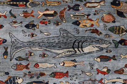 202 x 299 cm | Fish Gray Area Rug Afghan Hand Knotted veg Dye Wool carpet - ART WOOL CARPET