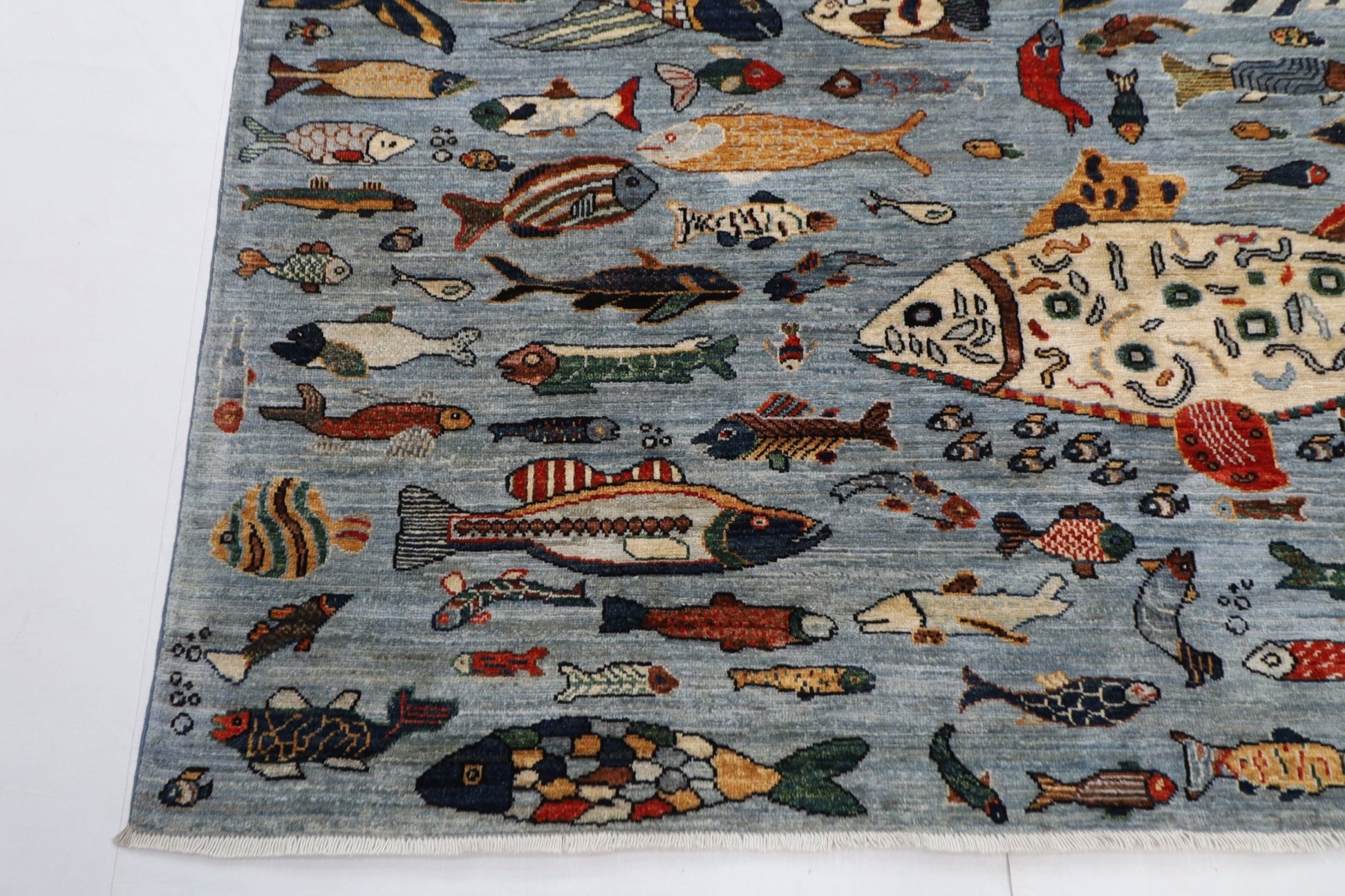 202 x 299 cm | Fish Gray Area Rug Afghan Hand Knotted veg Dye Wool carpet - ART WOOL CARPET