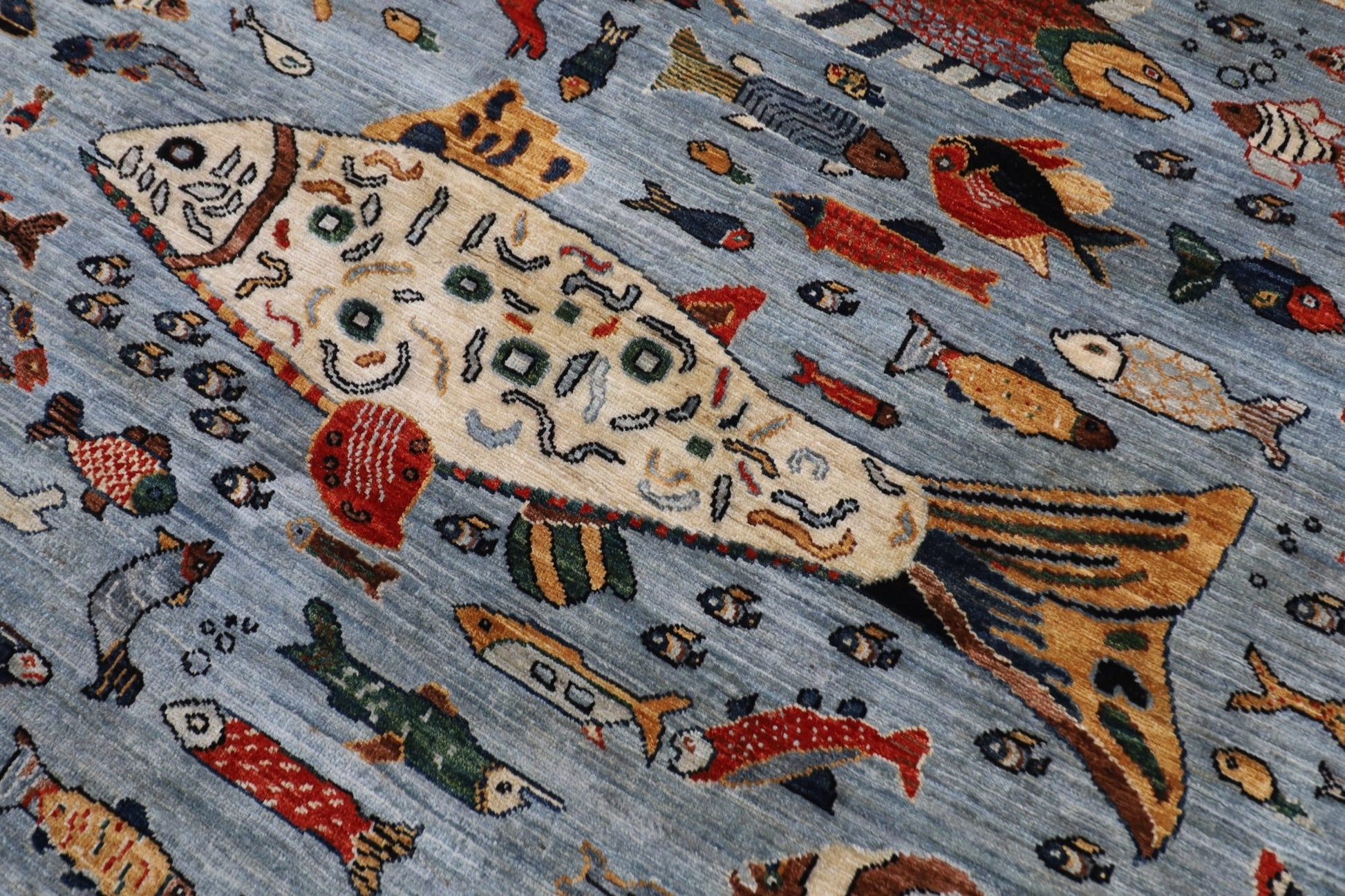 202 x 299 cm | Fish Gray Area Rug Afghan Hand Knotted veg Dye Wool carpet - ART WOOL CARPET