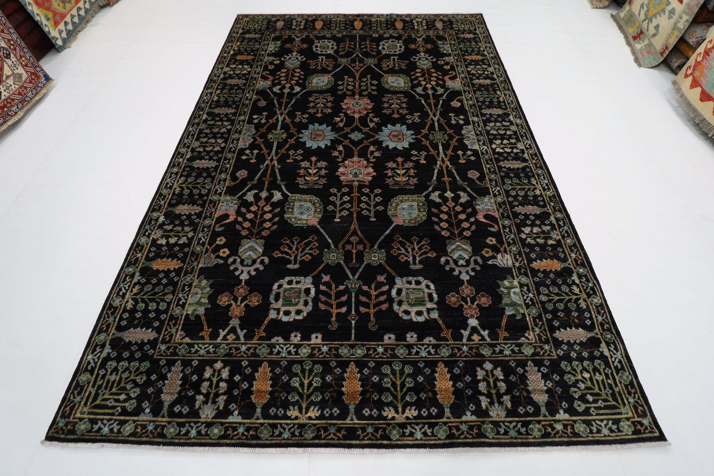 202 x 301 cm | Sultani Black Area Rug Afghan Hand Knotted veg Dye Wool carpet - ART WOOL CARPET