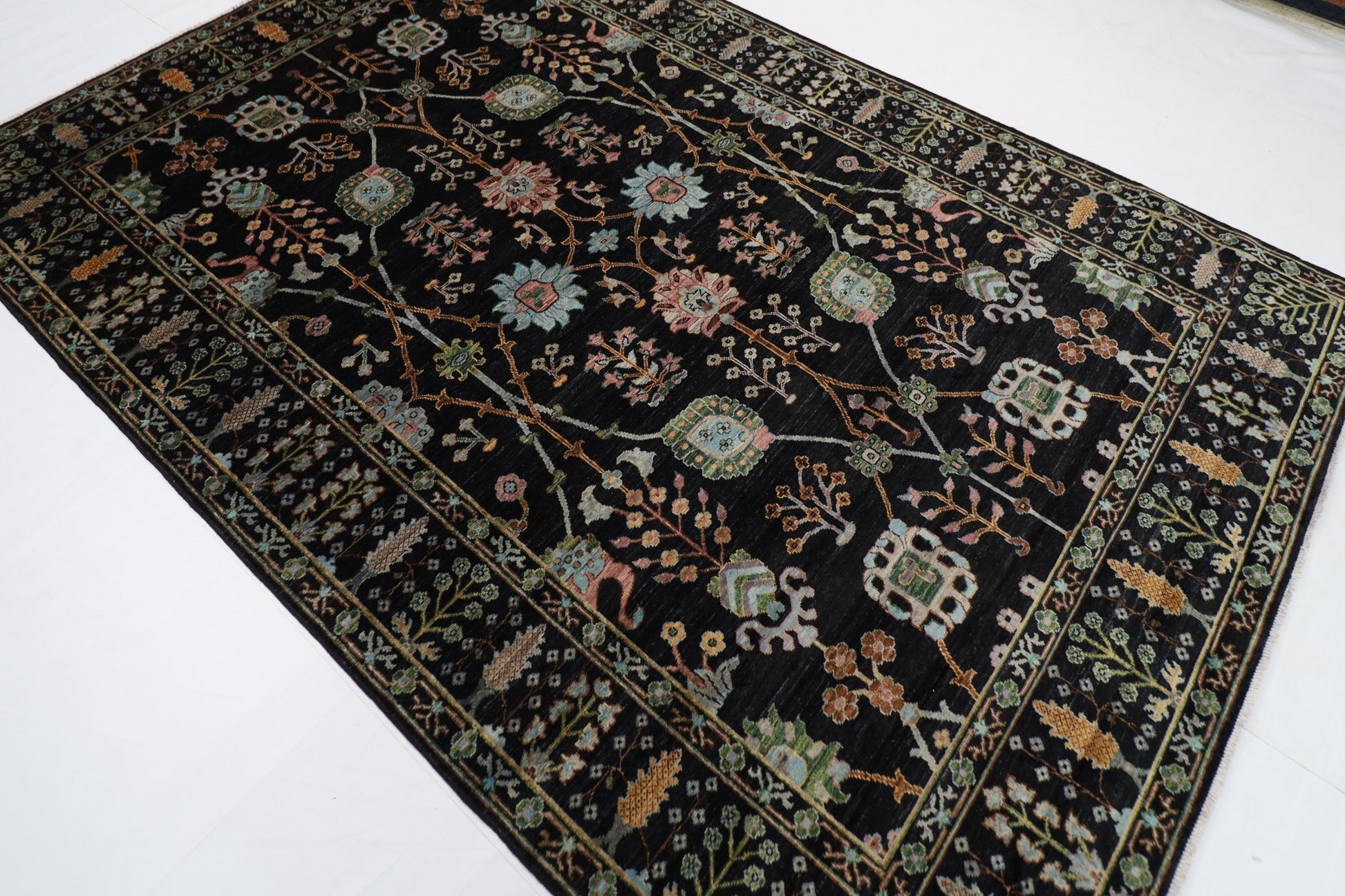 202 x 301 cm | Sultani Black Area Rug Afghan Hand Knotted veg Dye Wool carpet - ART WOOL CARPET