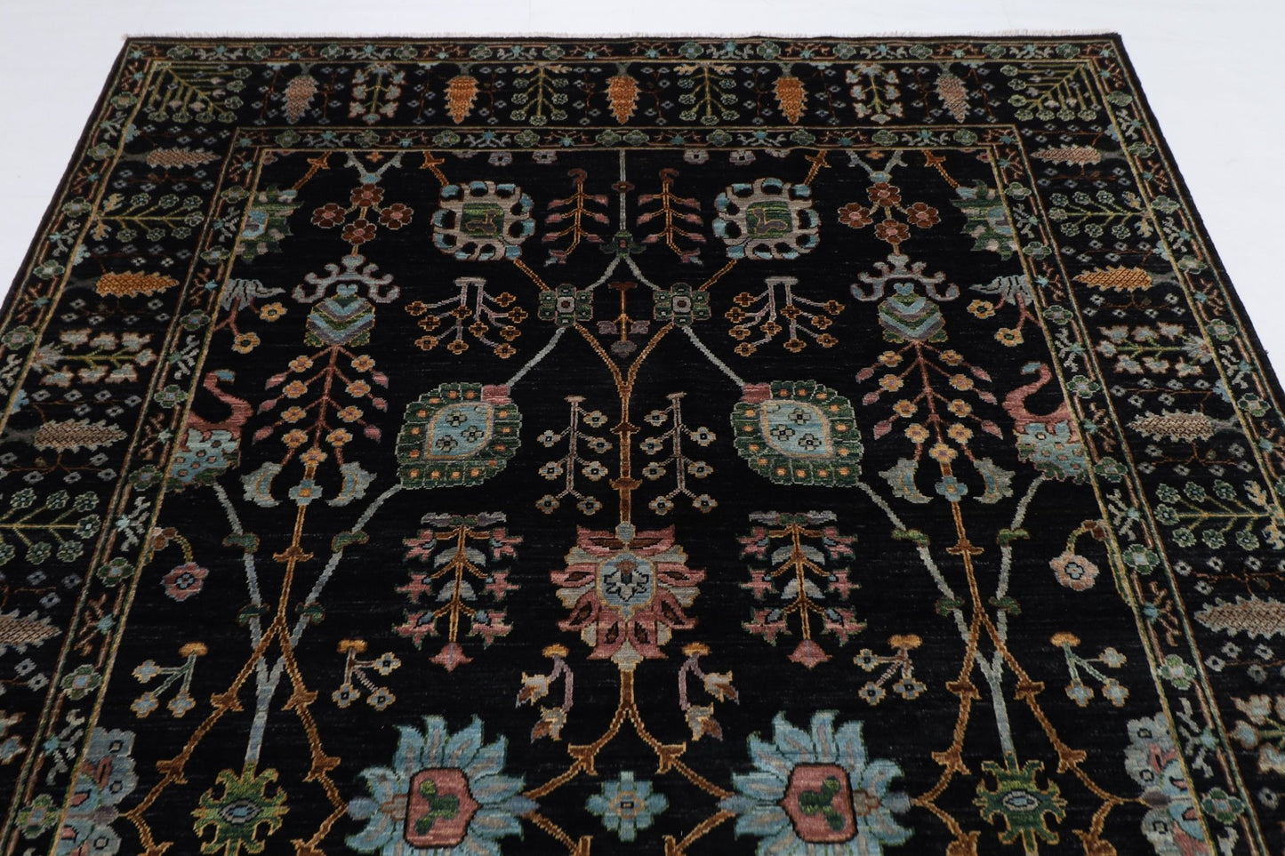 202 x 301 cm | Sultani Black Area Rug Afghan Hand Knotted veg Dye Wool carpet - ART WOOL CARPET