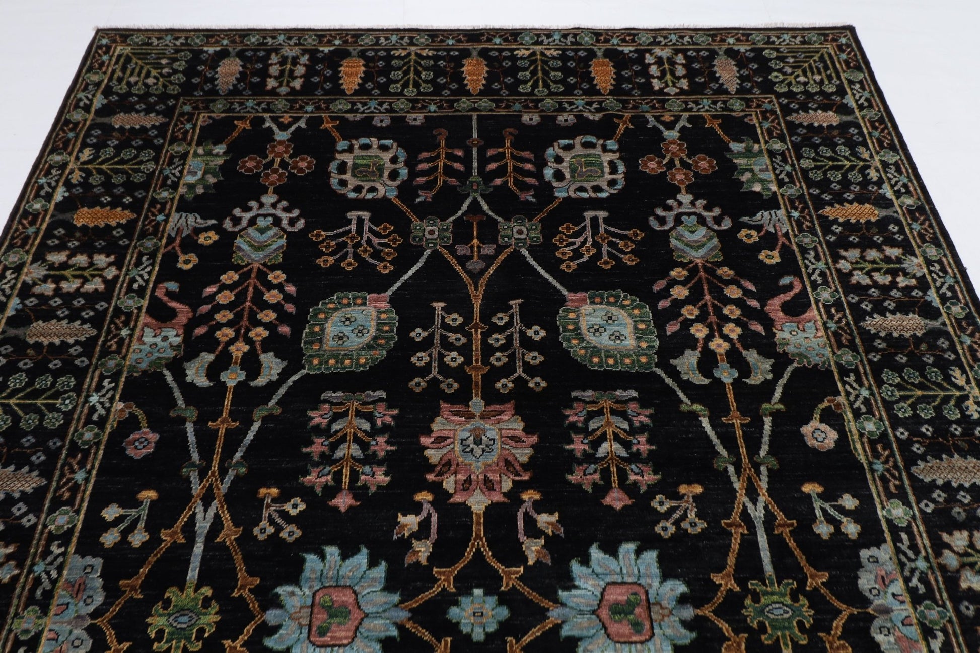 202 x 301 cm | Sultani Black Area Rug Afghan Hand Knotted veg Dye Wool carpet - ART WOOL CARPET
