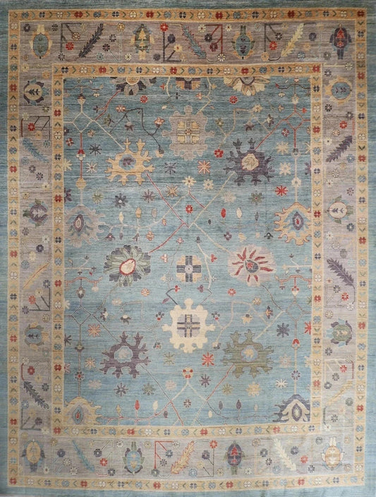 368 x 450 cm | Oushak Blue Handmade Large Size Afghan Area Rug Hand Knotted Carpet Living Room Rug