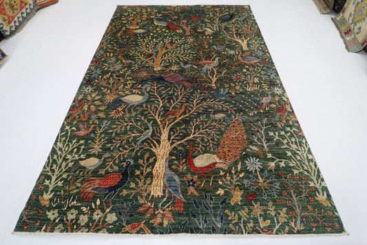 203 x 299 cm | Birds Green Area Rug Afghan Hand Knotted veg Dye Wool carpet - ART WOOL CARPET
